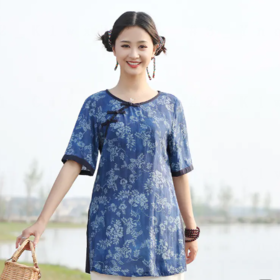 GYS 606212 短袖衬衫2023夏新款国风复古苎麻撞色拼接套头宽松中长上衣女式