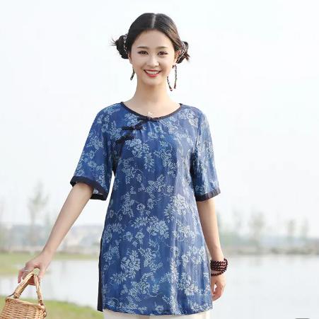 GYS 606212 短袖衬衫2023夏新款国风复古苎麻撞色拼接套头宽松中长上衣女式 商品图0