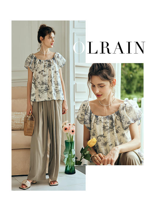 OLrain欧芮儿法式碎花方领蕾丝雪纺衫女夏季2023新款宽松度假小衫 商品图0