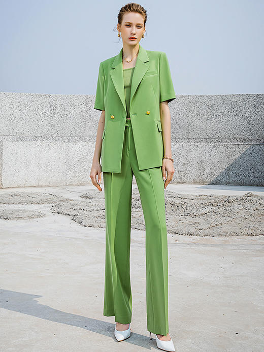 夏季紫色短袖西装套装女直筒微喇裤子时尚气质西服洋气休闲外套 商品图1