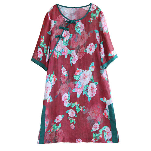 GYS 606212 短袖衬衫2023夏新款国风复古苎麻撞色拼接套头宽松中长上衣女式 商品图2