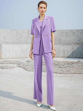 夏季紫色短袖西装套装女直筒微喇裤子时尚气质西服洋气休闲外套