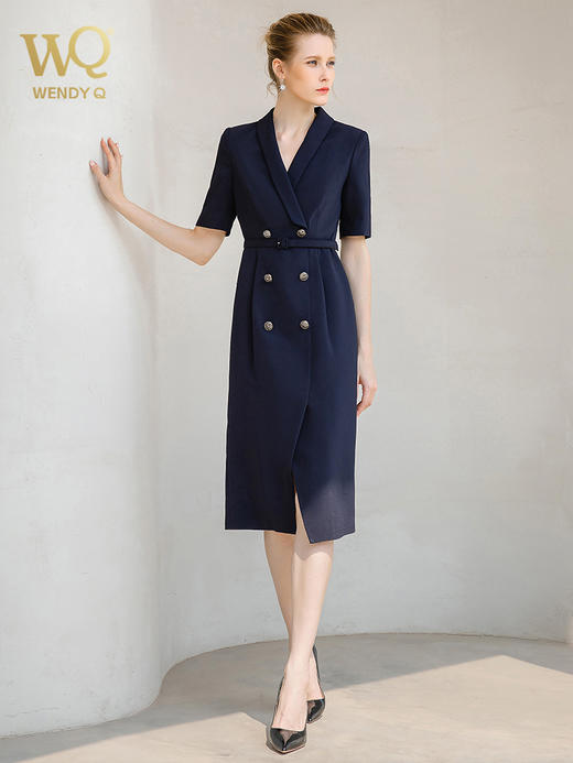 夏季高端时尚OL通勤高腰双排扣杏色连衣裙女主持人职业装西装裙 商品图3