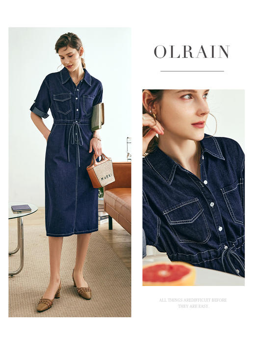 OLrain欧芮儿法式衬衫式牛仔连衣裙女夏季2023新款收腰翻边休闲裙 商品图0