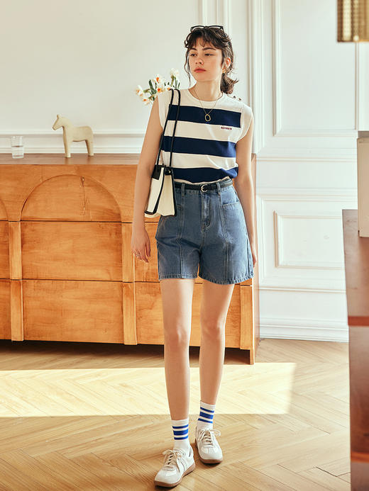 OLrain欧芮儿法式蓝白条纹针织衫女夏季2023新款字母刺绣无袖背心 商品图3