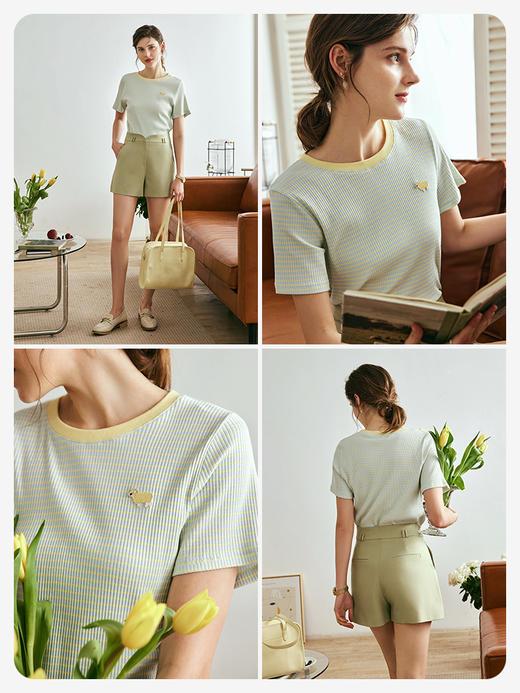 OLrain欧芮儿法式条纹短袖T恤女夏季2023新款肌理感撞色圆领上衣 商品图2