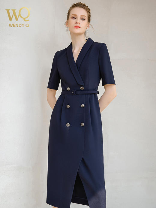 夏季高端时尚OL通勤高腰双排扣杏色连衣裙女主持人职业装西装裙 商品图1