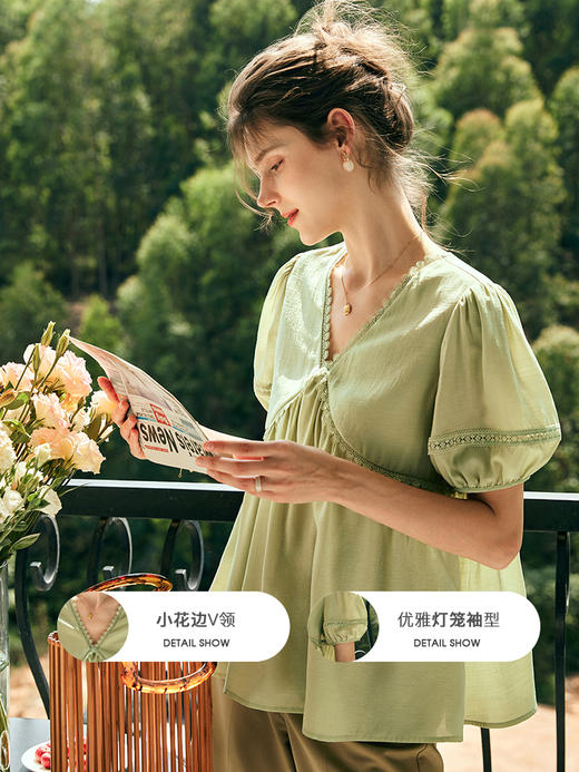 OLrain欧芮儿法式绿色V领雪纺蕾丝衫女夏季2023新款宽松别致小衫 商品图1