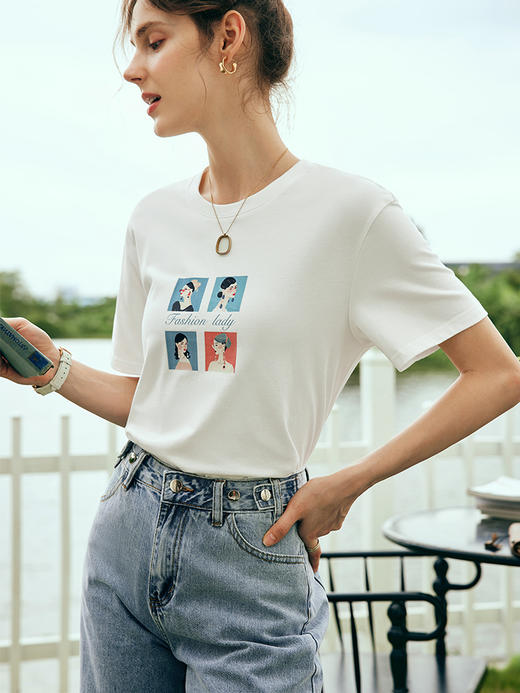 OLrain欧芮儿法式米白色短袖T恤女夏季2023新款印花时尚显瘦上衣 商品图3