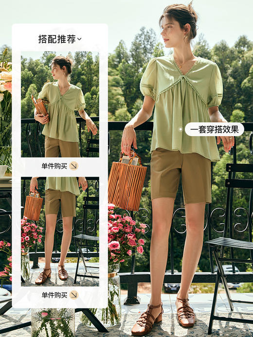 OLrain欧芮儿法式绿色V领雪纺蕾丝衫女夏季2023新款宽松别致小衫 商品图3