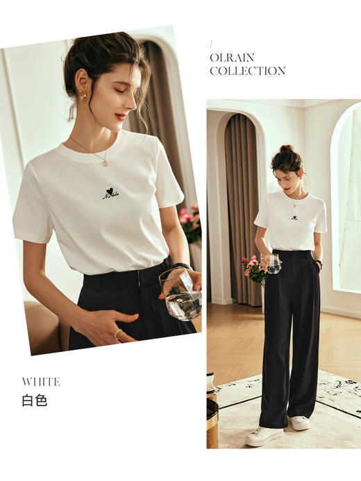 OLrain欧芮儿法式白色短袖T恤女夏季2023年新款简约正肩显瘦上衣 商品图2