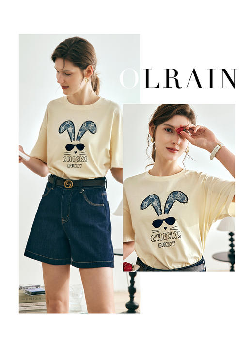 OLrain欧芮儿法式短袖T恤女夏季2023年新款宽松卡通刺绣兔子上衣 商品图0