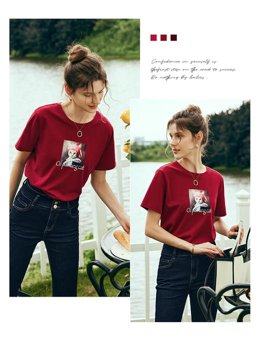 OLrain欧芮儿法式红色短袖T恤女夏季2023新款宽松小橘猫印花上衣 商品图2