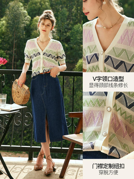 OLrain欧芮儿法式V领条纹针织开衫女夏季2023年新款撞色冰丝上衣 商品图0