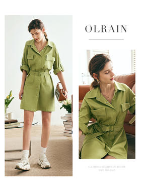 OLrain欧芮儿法式衬衫连衣裙女夏季2023年新款收腰卷边五分袖裙子