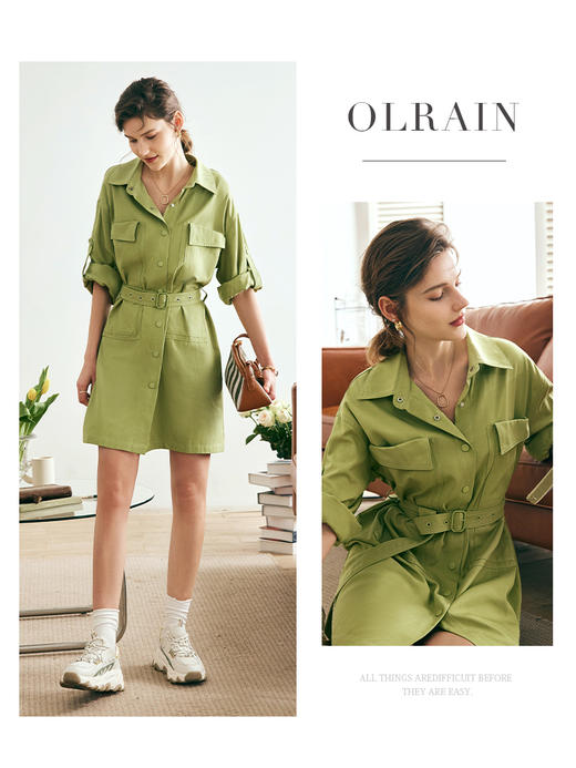 OLrain欧芮儿法式衬衫连衣裙女夏季2023年新款收腰卷边五分袖裙子 商品图0