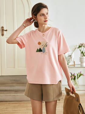 OLrain欧芮儿法式粉色短袖T恤女夏季2023年新款宽松立体刺绣上衣