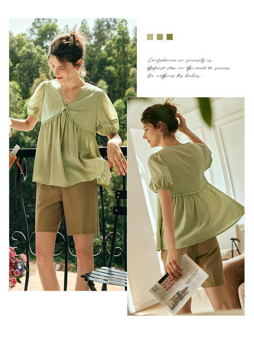 OLrain欧芮儿法式绿色V领雪纺蕾丝衫女夏季2023新款宽松别致小衫 商品图2