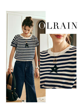 OLrain欧芮儿法式条纹针织衫女夏季2023新款飞飞袖撞色刺绣套头衫