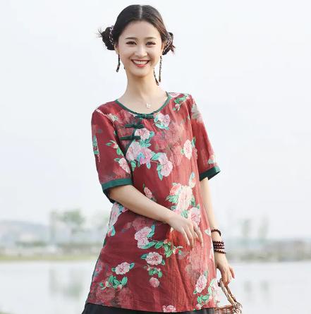 GYS 606212 短袖衬衫2023夏新款国风复古苎麻撞色拼接套头宽松中长上衣女式 商品图1