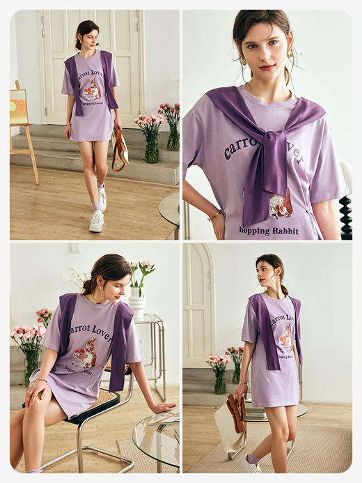 OLrain欧芮儿法式紫色短袖T恤女夏季2023新款披肩印花中长款上衣 商品图2
