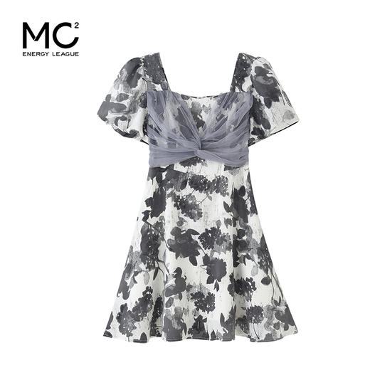 女装方领拼网纱款花色连衣裙Q3223323 商品图0