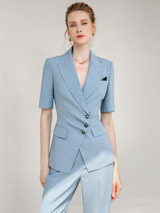 蓝色短袖西装小脚裤套装女气质正装职业装工作服夏季时尚西服套裤 商品图0