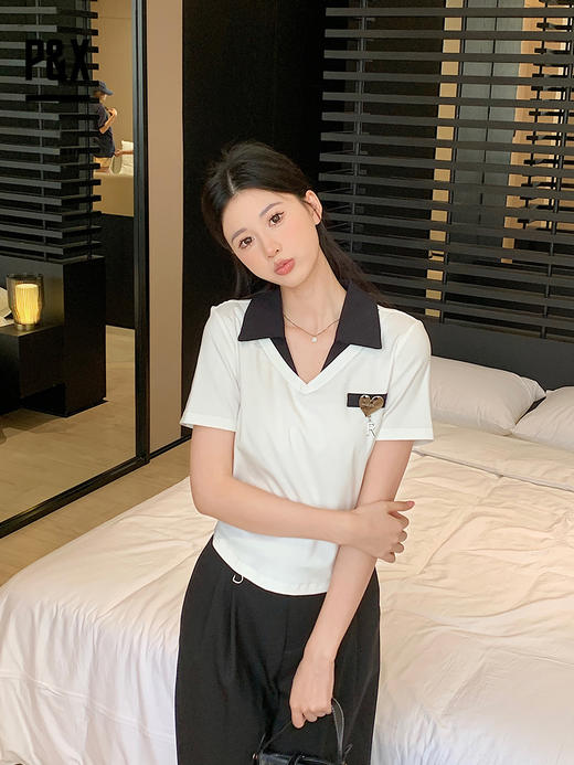P&X设计师女装2023夏季新款 针织短款T恤短袖v领 823202885 白色 商品图4