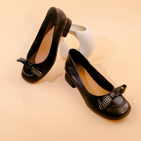 Safiya/索菲娅2023秋季新款真皮粗跟休闲麦穗蝴蝶结软底粗跟浅口单鞋SF33111402