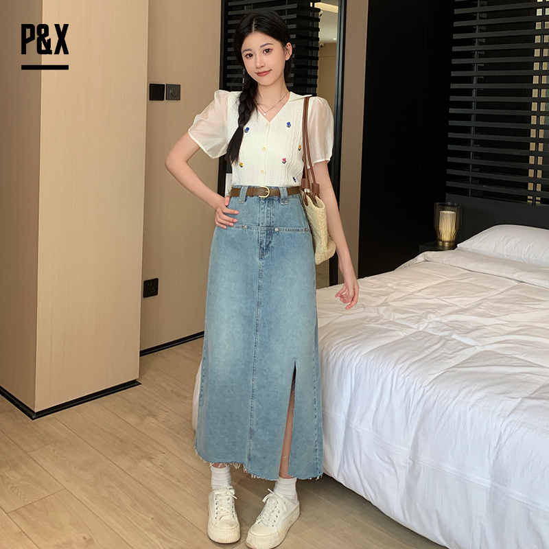 P&X设计师女装2023夏季 牛仔半身长裙 蓝色 823207666B