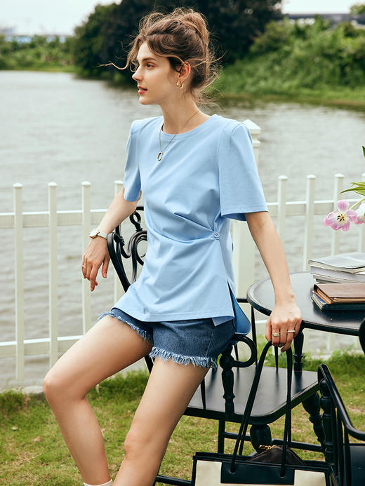 OLrain欧芮儿法式短袖T恤女夏季2023新款宽松不规则开叉休闲上衣 商品图4