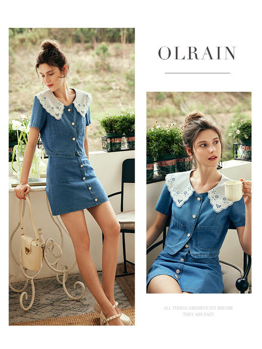 OLrain欧芮儿法式娃娃领牛仔时尚套装女夏季2023年新款裙子两件套 商品图0