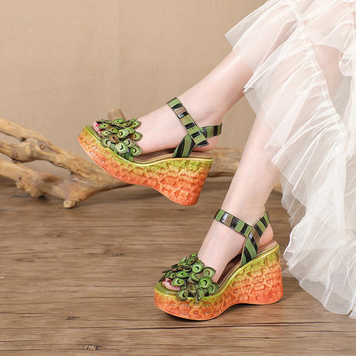 牛皮厚底花朵凉鞋，手工复古民族风鱼嘴后空女鞋BC1913-69 商品图0