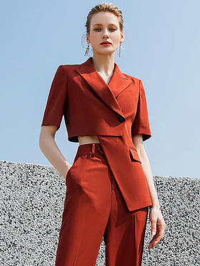 夏季新品砖红色短袖西装直筒阔腿裤套装女时尚洋气西服正装女套裤