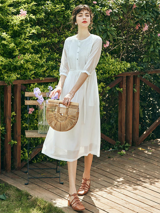 OLrain欧芮儿法式白色衬衫连衣裙女春季2023新款收腰气质刺绣裙子 商品图3