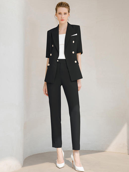 夏季新品高端黑色双排扣西装套装女正装气质时尚西服套裤工作服 商品图2