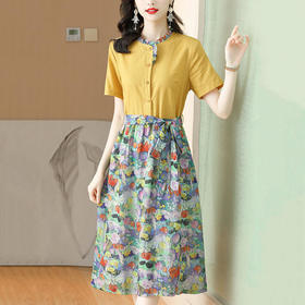 AHM-xxnz6036时尚优雅减龄木耳边裙子棉麻拼接碎花连衣裙