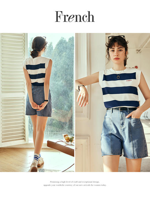 OLrain欧芮儿法式蓝白条纹针织衫女夏季2023新款字母刺绣无袖背心 商品图1