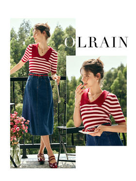 OLrain欧芮儿法式条纹冰丝针织衫女夏季2023年新款撞色翻领套头衫