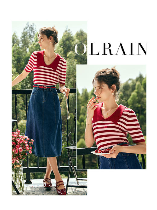 OLrain欧芮儿法式条纹冰丝针织衫女夏季2023年新款撞色翻领套头衫 商品图0