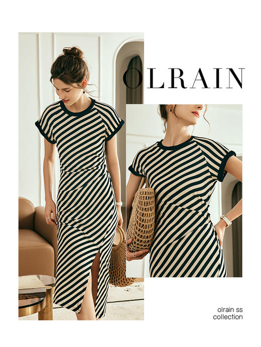 OLrain欧芮儿法式条纹针织连衣裙女夏季2023年新款修身显瘦中长裙 商品图0