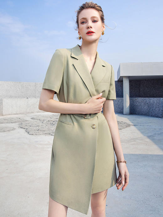 夏季新品绿色OL通勤连衣裙女短袖修身时尚职业装绑带西装裙气质 商品图1