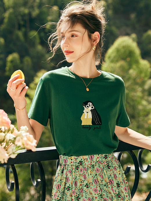 OLrain欧芮儿法式短袖T恤女夏季2023年新款宽松刺绣钉珠纯棉上衣 商品图2