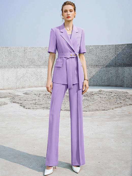 夏季紫色短袖西装套装女直筒微喇裤子时尚气质西服洋气休闲外套 商品图4
