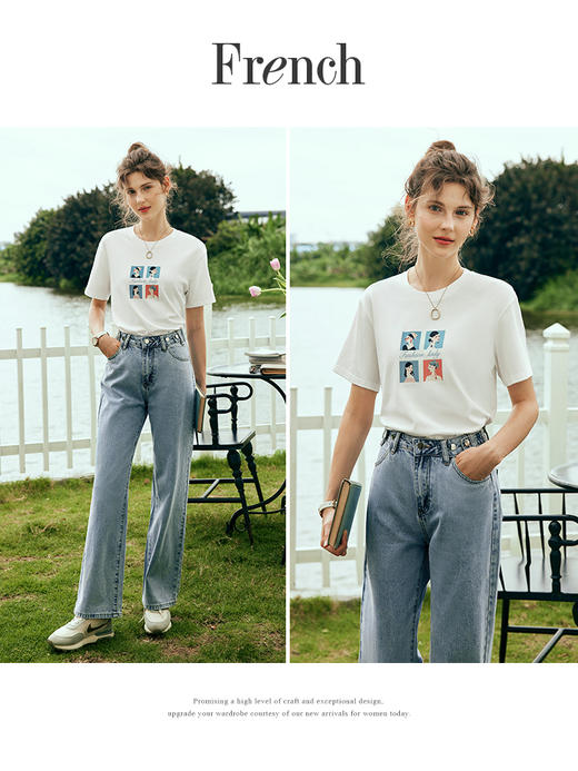 OLrain欧芮儿法式米白色短袖T恤女夏季2023新款印花时尚显瘦上衣 商品图5