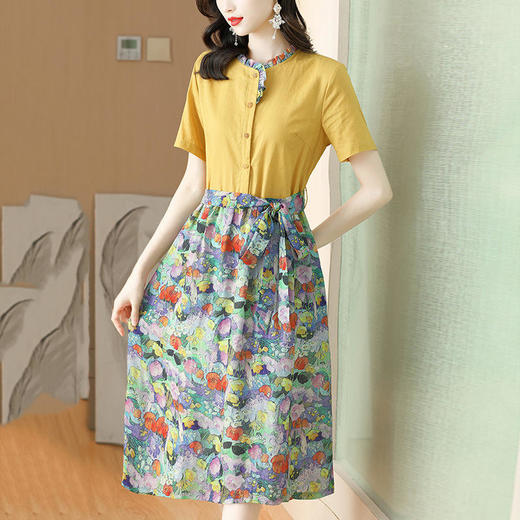 AHM-xxnz6036时尚优雅减龄木耳边裙子棉麻拼接碎花连衣裙 商品图1