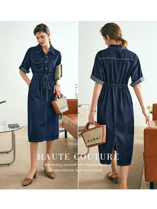 OLrain欧芮儿法式衬衫式牛仔连衣裙女夏季2023新款收腰翻边休闲裙 商品图2