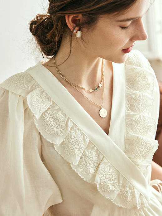 OLrain欧芮儿法式V领蕾丝雪纺衫女夏季2023年新款荷叶边甜美小衫 商品图2