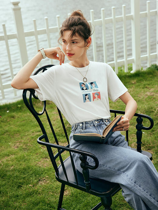 OLrain欧芮儿法式米白色短袖T恤女夏季2023新款印花时尚显瘦上衣 商品图4