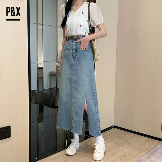 P&X设计师女装2023夏季 牛仔半身长裙 蓝色 823207666B 商品图3